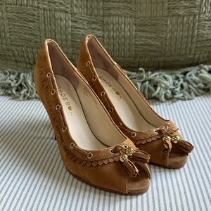 Tan Peep Toe Heels with Tassel Accents